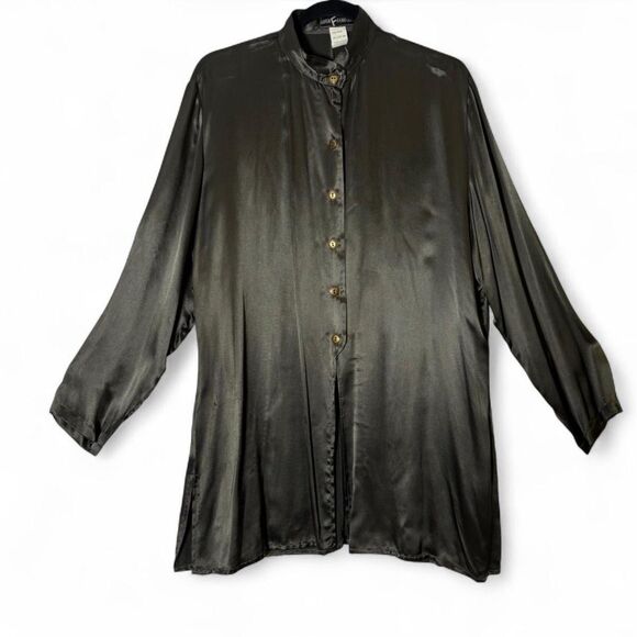 Dorin Frankfurt Tops - VTG 100% Rayon Olive Gunmetal Satin Button Oversized Blouse sz L / XL